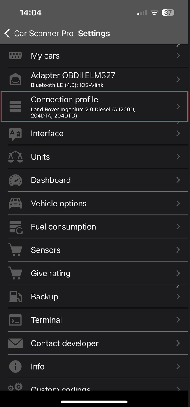 Car Scanner ELM OBD2 connection profile for Land Rover Discovery Sport